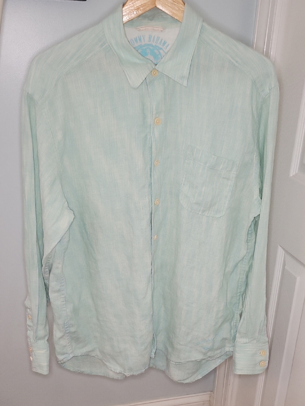 Tommy Bahama Light Aqua Men's Linen Long-Sleeve Button Down Relaxed Shirt Sz L